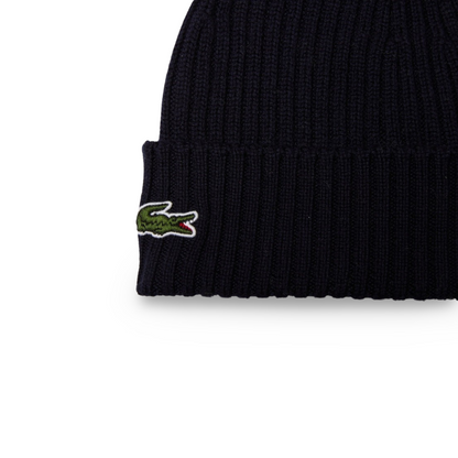 LACOSTE UNISEX RIBBED WOOL BEANIE NAVY BLUE